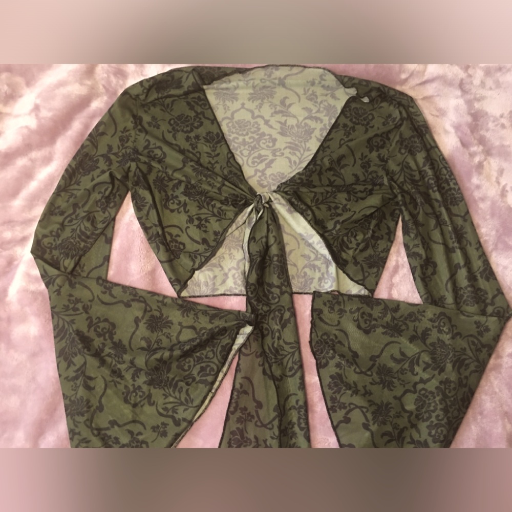 Forest Green Floral Tie-Front Bell Sleeve Top -90s- whimsigoth-fairycore-witchy